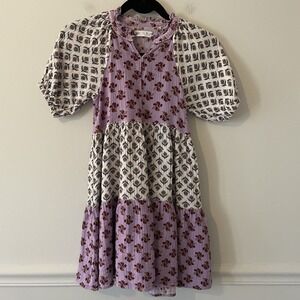 Zara Girl Contrasting Floral Print Tiered Midi Dress 9 Puff Sleeve Boho Cotton